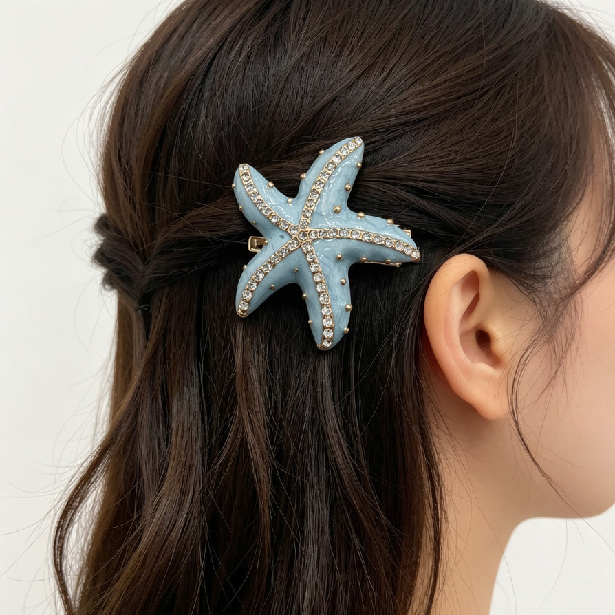 Coletero de Pelo con Diseño de Estrella de Mar Azul/Beige Claro con Cristales - Venta al Por Mayor|JI JOYA