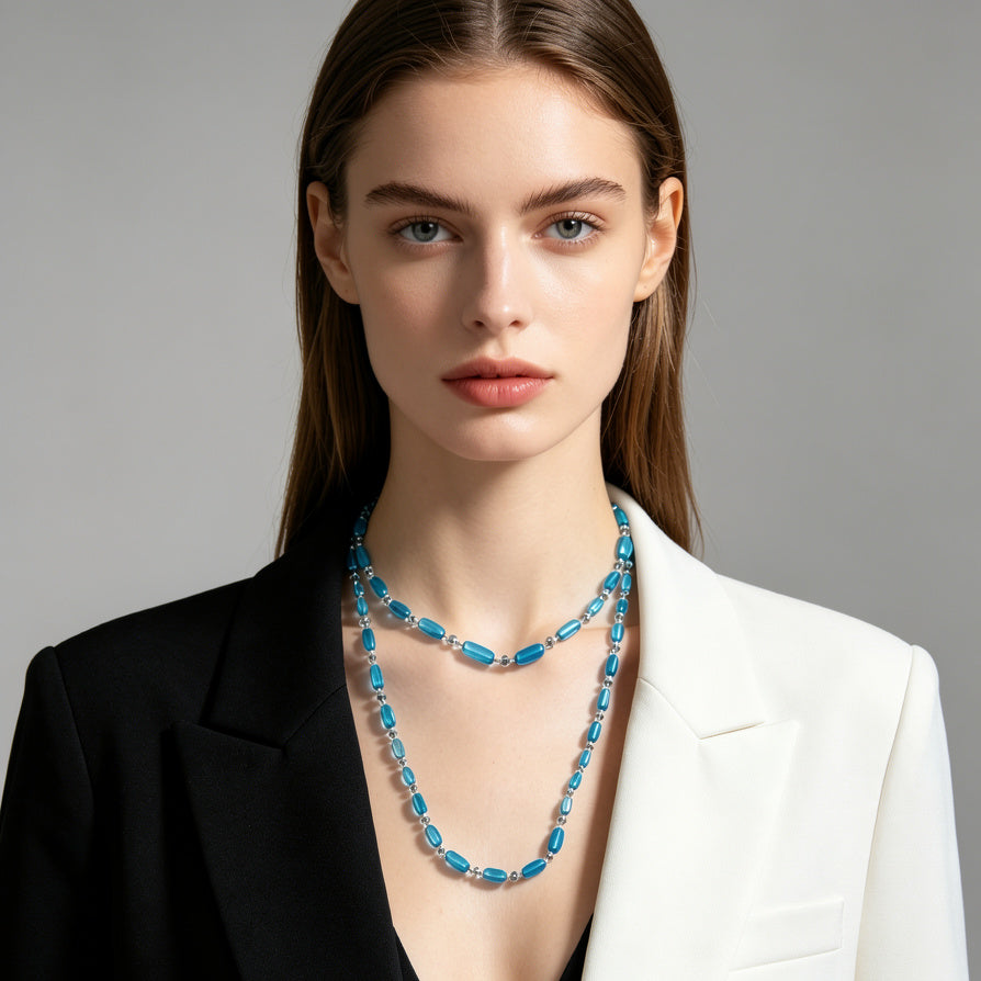 Collar Doble de Cuentas Azules Brillantes | Joyería Moda al Por Mayor|JI JOYA