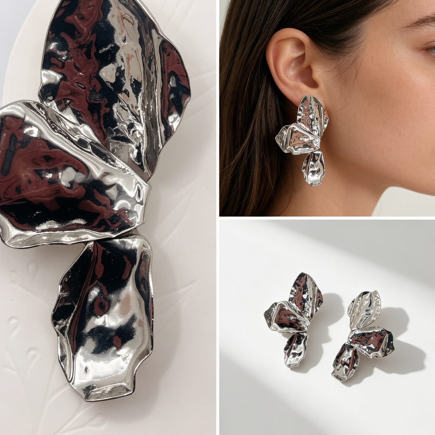 Aretes Florales de Metal Martillado | Dorado/Plata | Bisutería Mayorista de Moda|JI JOYA