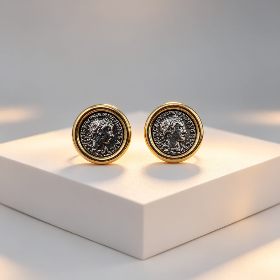 Aretes de Moneda Romana Vintage | Diseño Bicolor Oro/Plata | Joyería al por mayor para Mujeres|JI JOYA