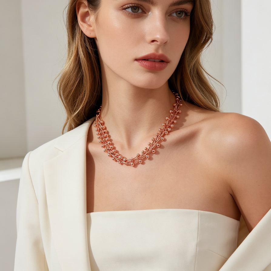 JI JOYA VENTA AL POR MAYOR|Collares de Moda en Zinc Aleación, Diseño de Hojas y Bolas, 3 Colores (Oro Rosa/Oro/Plata), Joyería al Por Mayor para Mujer
