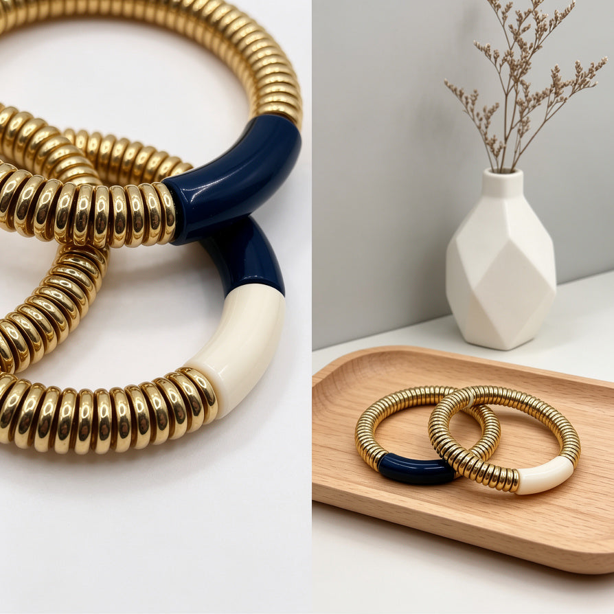Pulseras de resorte dorado combinadas, 2 colores por set, pulseras de esmalte de lujo al por mayor|JI JOYA