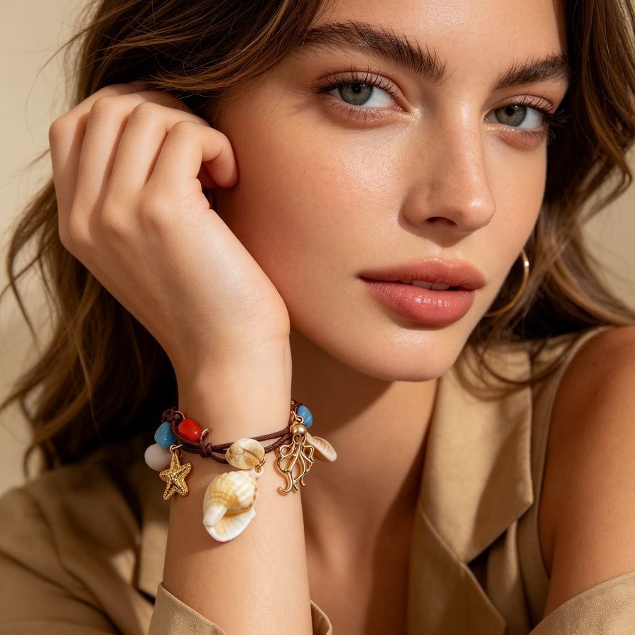 Pulsera de Cuerda con Conchas Marinas y Dijes de Estrella de Mar - Joyería de Playa Bohemia al Por Mayor|JI JOYA
