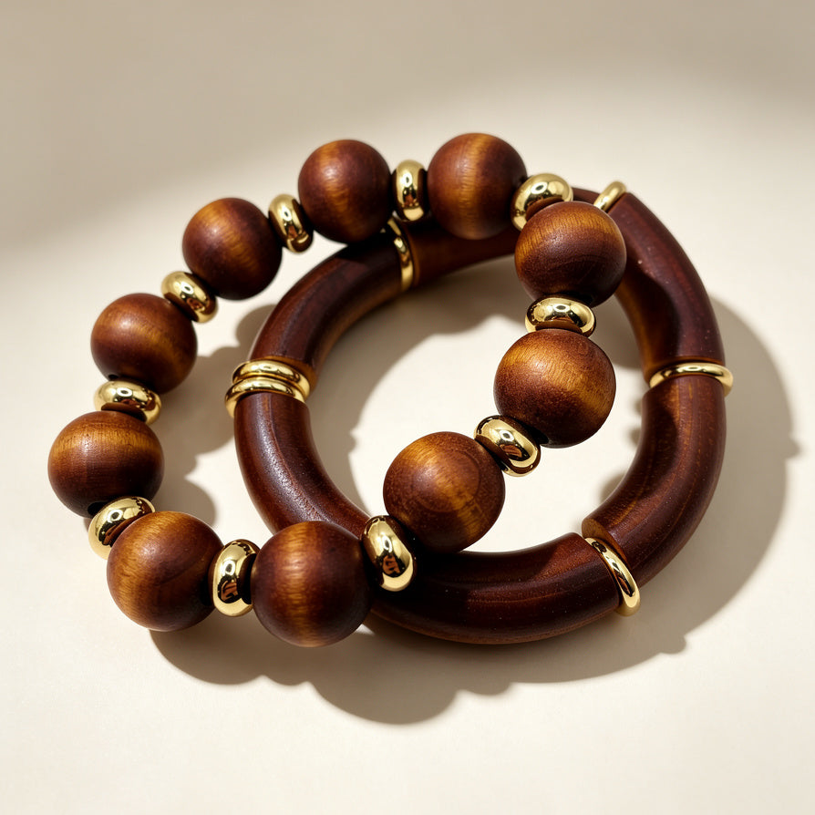 Pulsera de Madera con Detalles Dorados - Joyería Bohemia al Por Mayor|JI JOYA