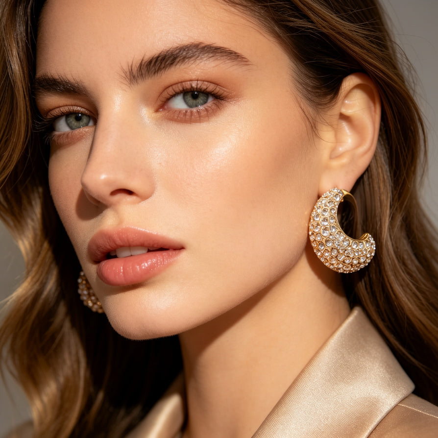 Pendientes de Media Luna con Circonitas Brillantes | Diseño Chunky, Oro y Plata, Joyería al Por Mayor para Mujeres|JI JOYA