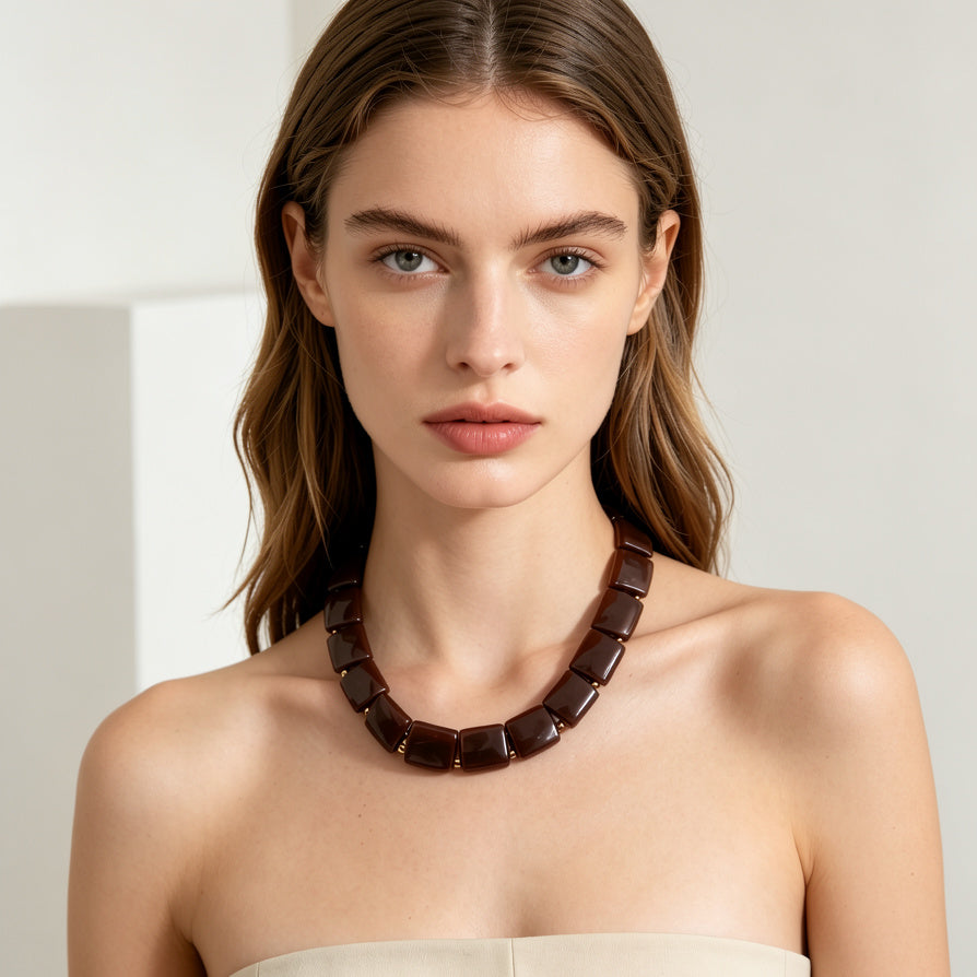 JI JOYA VENTA AL POR MAYOR|Juego de Collar y Brazalete de Resina Cuadrada, 2 Colores, Joyería al Por Mayor para Mujer