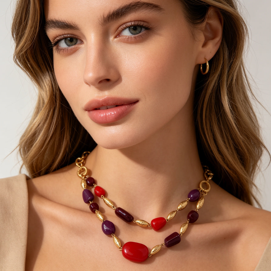Collar de Doble Cadena con Piedras de Resina en Tonos Azul y Rojo, Dorado al Por Mayor|JI JOYA