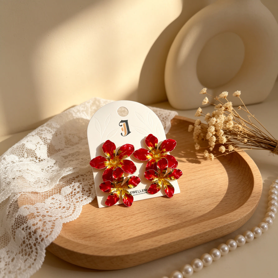 Pendientes de Doble Flor Roja y Dorada | Joyería Mayorista de Moda|JI JOYA