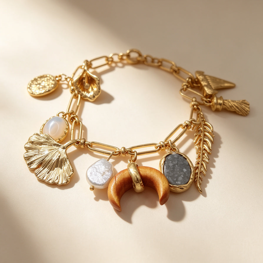 Pulsera Boho Natural con Dijes de Madera, Piedras Naturales y Perlas | Joyería Artesanal Mayorista para Distribuidores|JI JOYA