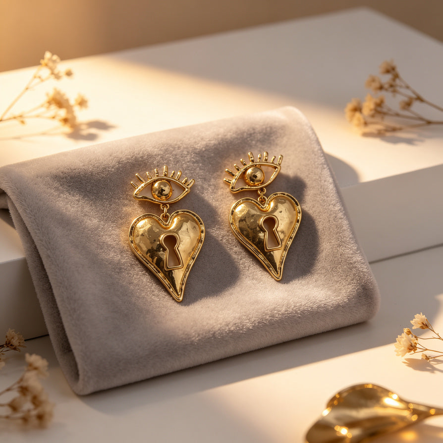 Orejas de Oro Ojo y Corazón con Ojo de Cerradura | Joyería al Mayoreo|JI JOYA