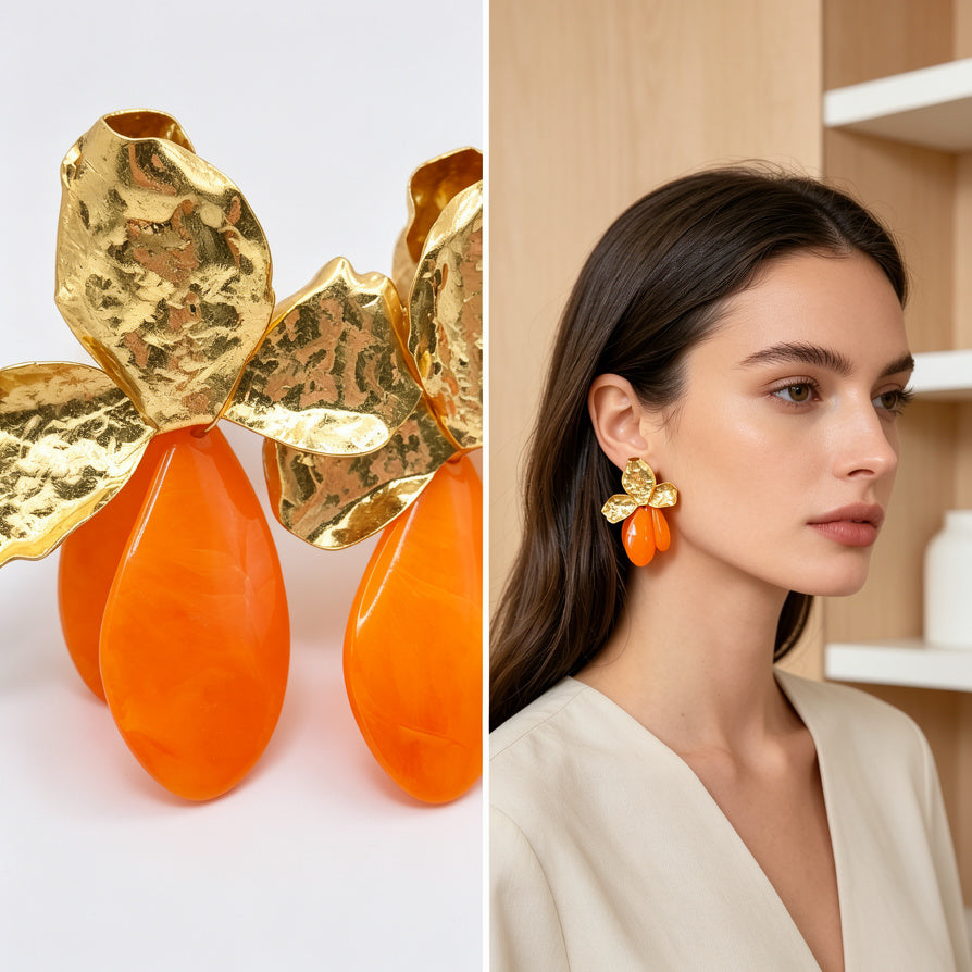 Lote de Pendientes de Flor Dorada con Colgante Resina - Mayorismo | Diseño Minimalista y Elegante, Ideal para Revendedores|JI JOYA