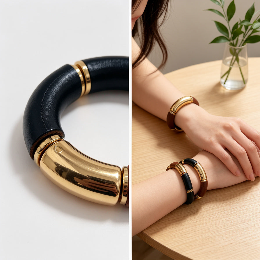 Pulsera elástica de metal y madera para mujer | Joyería de moda al por mayor | Diseño minimalista|JI JOYA
