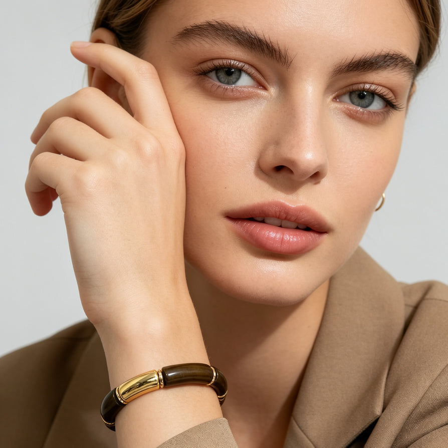 Set de 3 Pulseras Elásticas de Resina y Metal Dorado - Joyería Moda Mayorista|JI JOYA