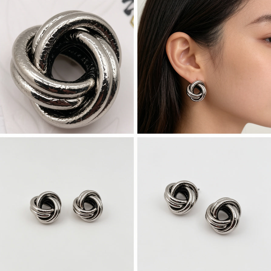 Pendientes Nudo Retorcido Metalico | Accesorio de Moda al Por Mayor, Diseño Unisex Oro y Plata|JI JOYA