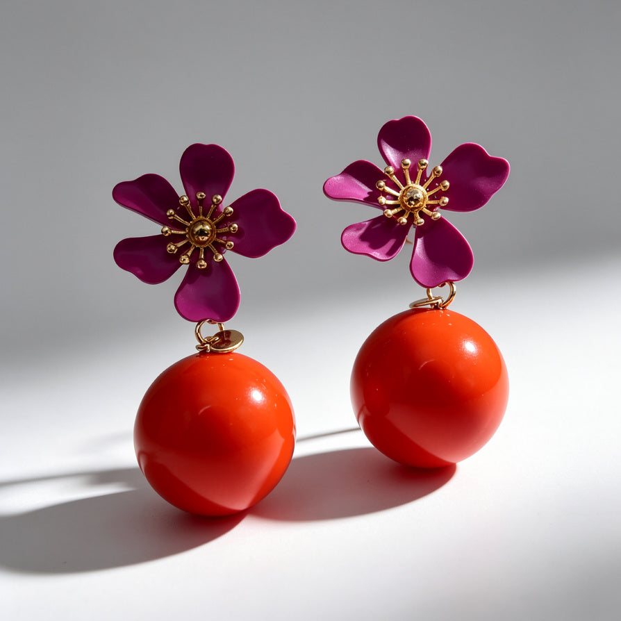 Pendientes de Flor Magenta con Bola Naranja - Joyería de Moda al Por Mayor|JI JOYA