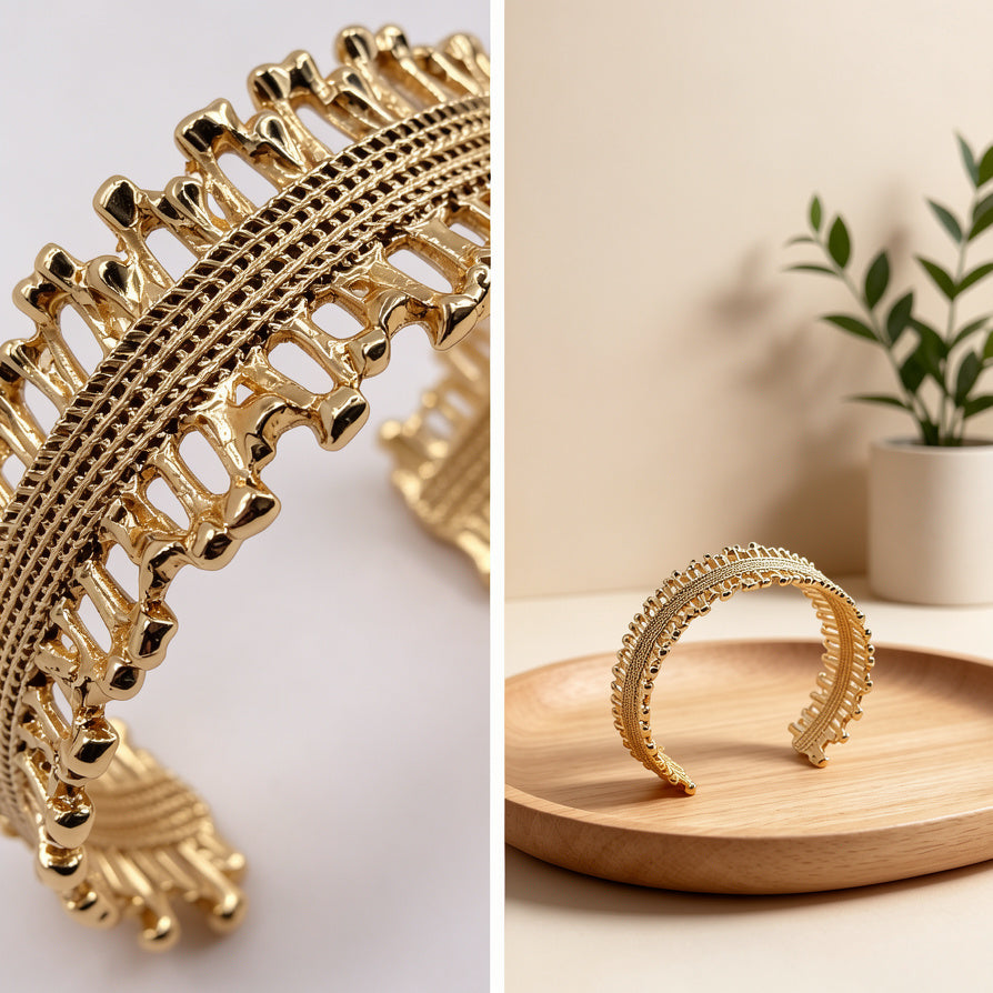 Pulsera Brazalete Abierta Texturizada Dorada y Plateada | Joyería al Por Mayor B2B, Diseño Único, Accesorio de Moda|JI JOYA