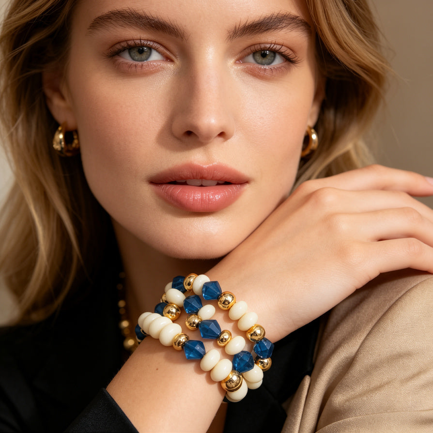 Pulsera Doble Capa Cristal Azul Perla Crema | Bisutería Mayorista Moda Mujer|JI JOYA