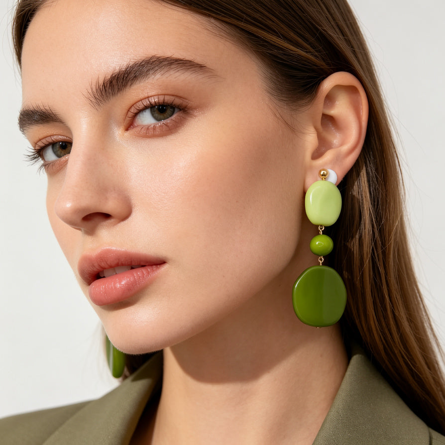 Pendientes Largos Resina Verde Aceite, Diseño Irregular Minimalista, Bisutería Mayorista para Mujer|JI JOYA
