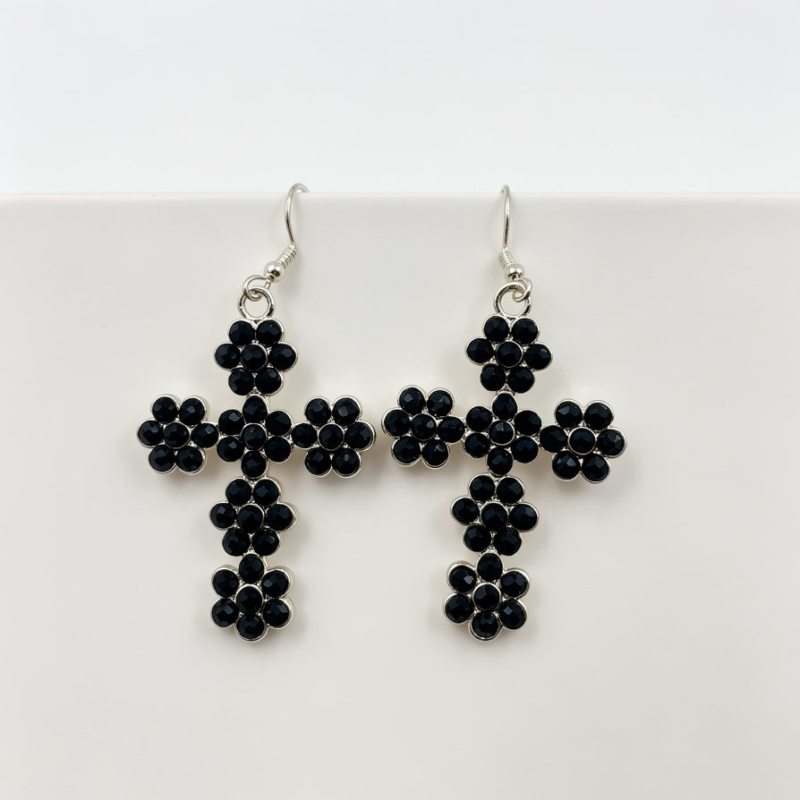 Pendientes Cruz Flores Negro Cristal | Bisutería Moda Zinc Al Por Mayor para Mujer|JI JOYA