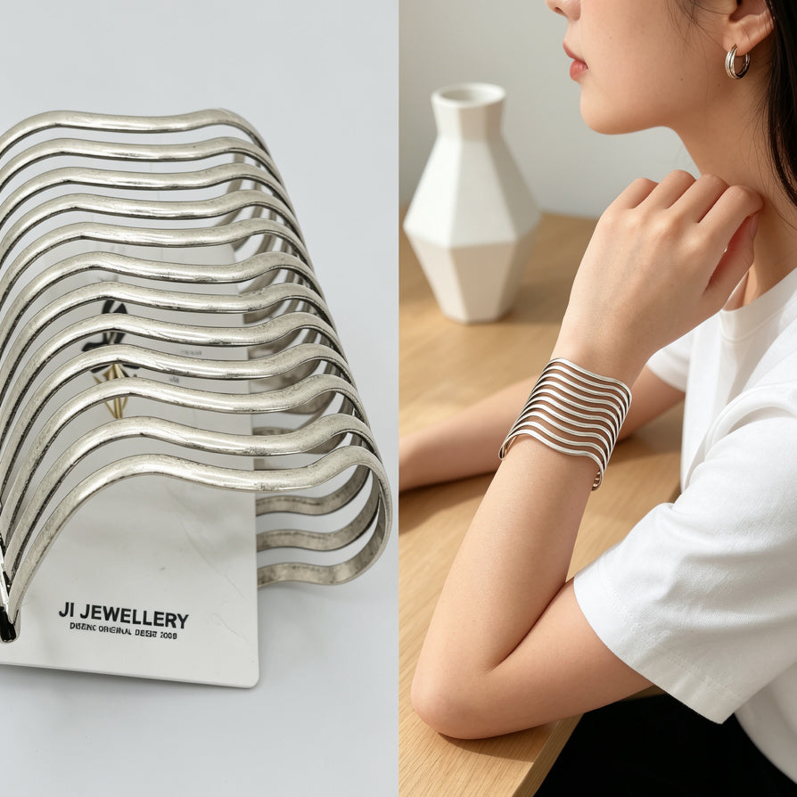 Brazalete Ondulado de Zinc Plateado/Dorado | Diseño Minimalista Abierto | Joyería al Por Mayor