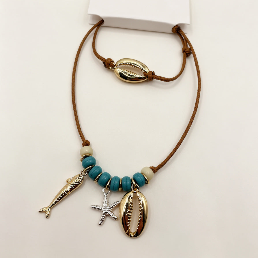Pulsera de Cuerda con Concha, Estrella de Mar y Pez - Moda Boho para Mujer, Mayorista|JI JOYA