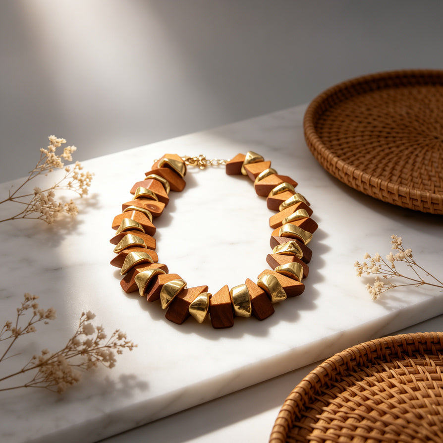 Set Collar Pulsera Geométrico Madera y Oro - Joyería Minimalista|JI JOYA