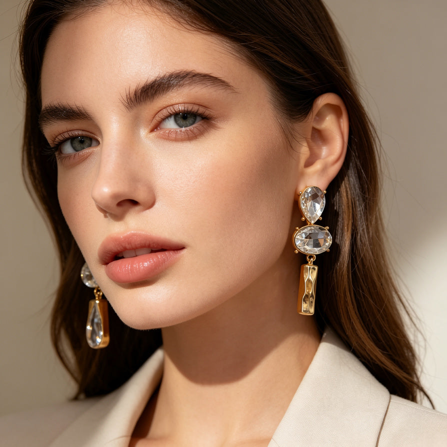 Pendientes de Cristal con Colgante Metálico | Diseño Lujo | Dorado/Plateado | Joyería Mayorista para Revendedores|JI JOYA
