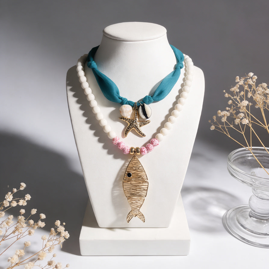 Colar Boho de Estilo Marinho com Pendente de Peixe e Estrela do Mar - Colar de Contas para Mulher|JI JOYA