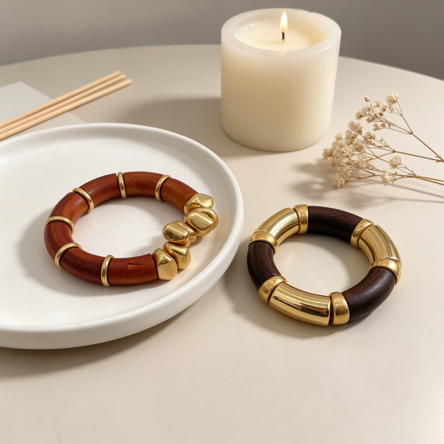 Pulsera de madera artesanal de alta gama, que combina metal y madera | Joyería femenina al por mayor|JI JOYA