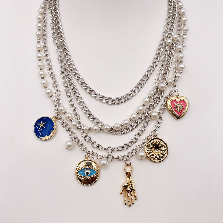 Collar Capas con Dijes Amuleto, Perlas y Ojo Turco - Joyería Boho Chic para Mujer|JI JOYA