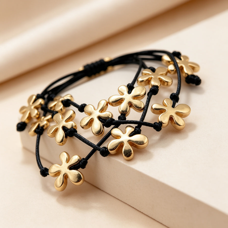 Pulseras de hilo negro con dijes de flor dorada/plateada, venta al por mayor| JI JOYA