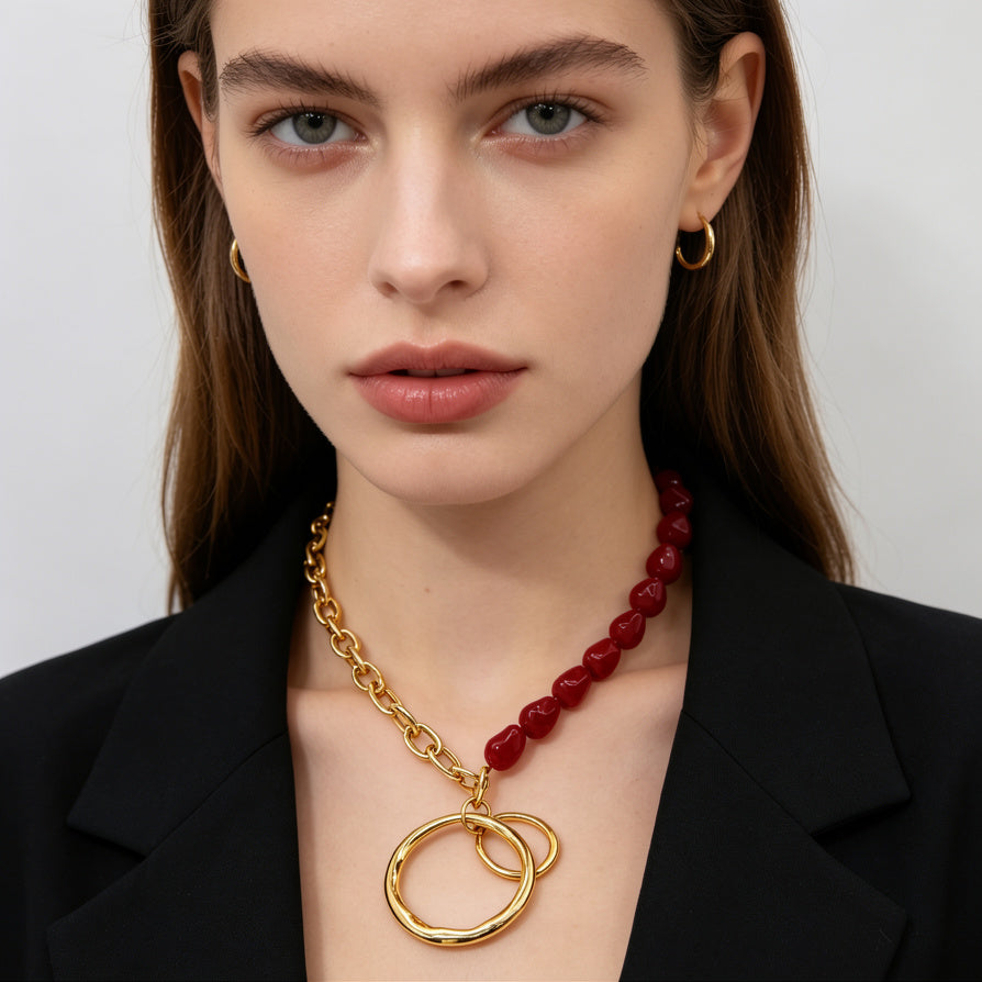 Collar de Moda de Cuentas Asimétricas con Colgante de Anillo Doble | Joyería Mayorista|JI JOYA