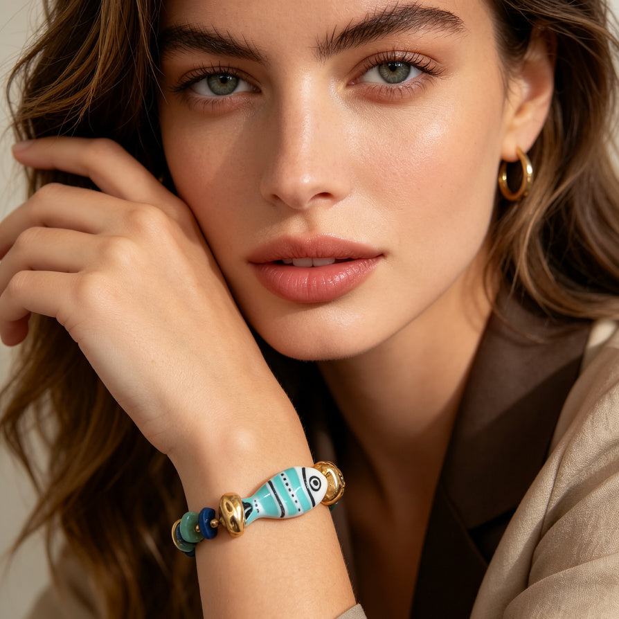 Pulsera Náutica con Pez Cerámica y Piedras Naturales | Joyería Mayorista para Tiendas|JI JOYA