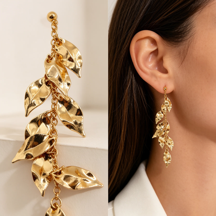 Pendientes Colgantes de Hojas Doradas al Por Mayor | Zinc Aleación Antidesvanecimiento, Joyería de Moda para Mujer|JI JOYA