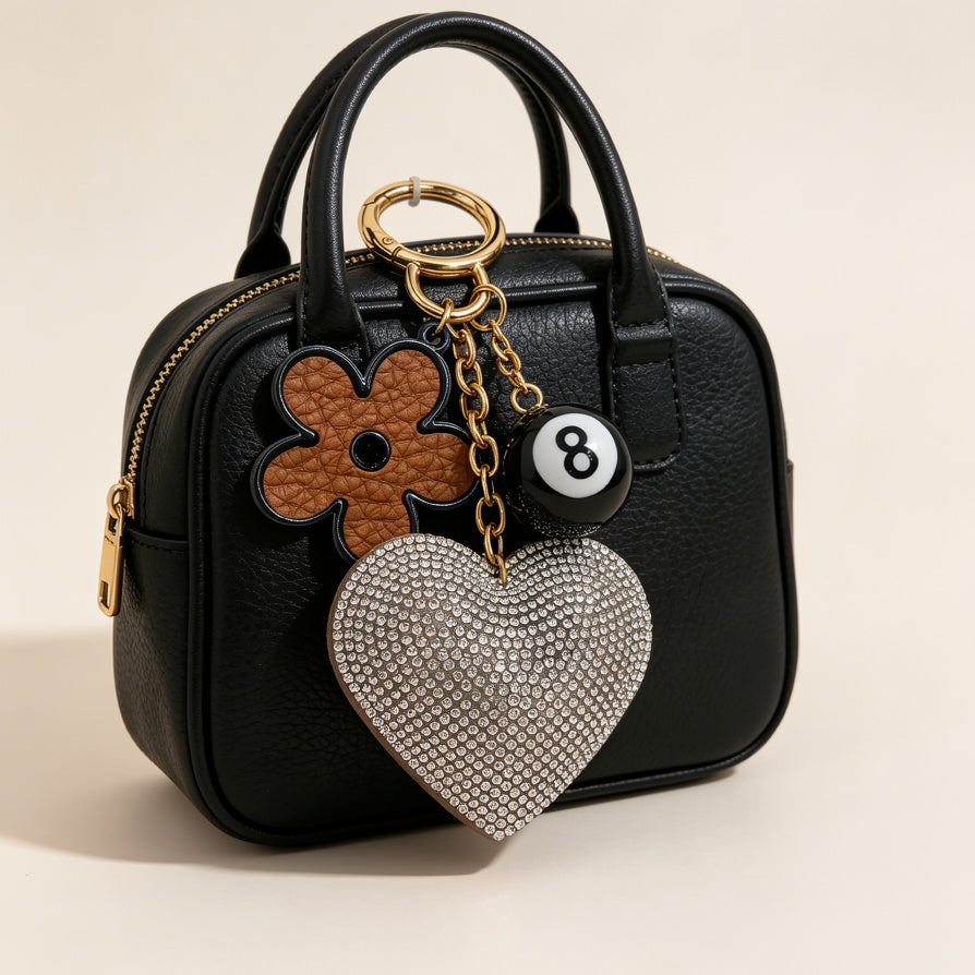 Llavero de Corazón con Diamantes + Flor + Bola 8, Llavero de Moda para Bolsos y Llaves, Al por Mayor|JI JOYA