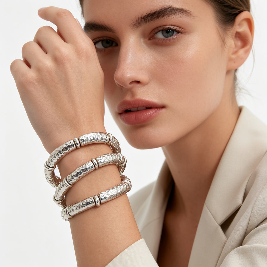 Pulseras elásticas de metal martillado, estilo boho-chic, acabado dorado/plateado, para mujer, joyería de moda al por mayor|JI JOYA