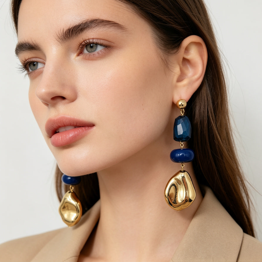 Pendientes de gota geométrica con piedras de colores y detalles dorados al por mayor, 3 colores disponibles|JI JOYA