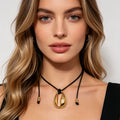 Collar de Concha Dorada Mayorista | Joyería Boho de Cuero Negro Ajustable|JI JOYA