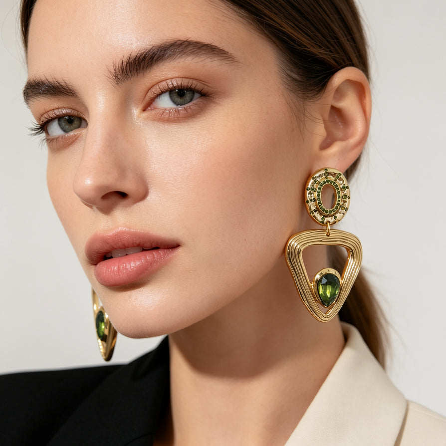 Pendientes Geométricos de Zinc con Piedras de Colores | Lote Mayorista para Mujer | Diseño Elegante y Resistente|JI JOYA