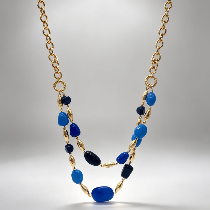 Collar de Doble Cadena con Piedras de Resina en Tonos Azul y Rojo, Dorado al Por Mayor|JI JOYA