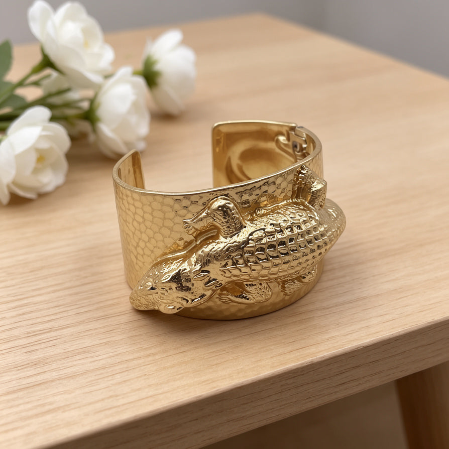 Brazalete Ancho de Cocodrilo con Textura | Joyería de Moda para Mayoristas| JI JOYA