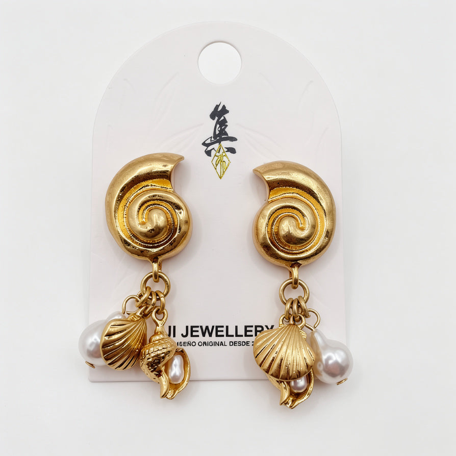 Pendientes Espirales Marinos con Conchas y Perlas, Joyería de Oro Vintage al Por Mayor|JI JOYA