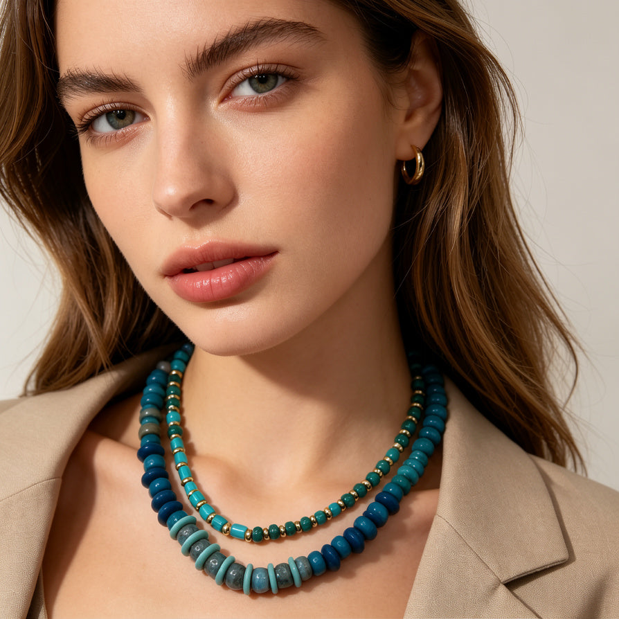 JI JOYA VENTA AL POR MAYORCollar de Cuentas Doble Capa - 6 Colores Disponibles | Joyería de Moda Mayorista para Mujer, Resistente a la Descoloración, Cadena Ajustable