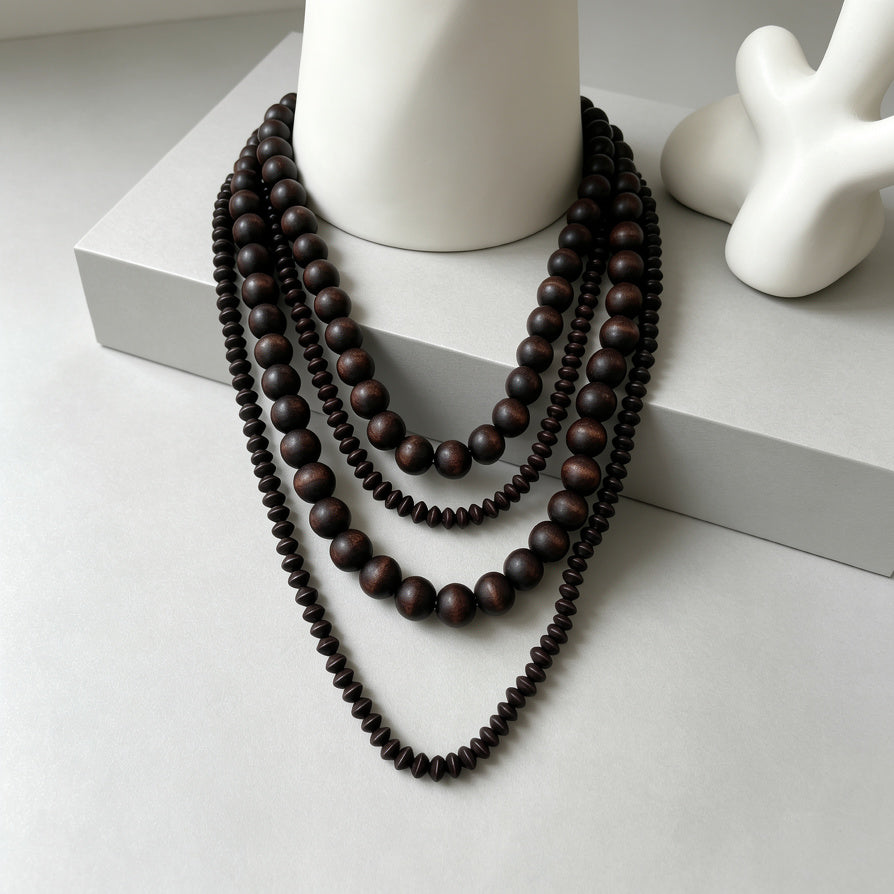 Collar de Madera de 4 Capas, Collar Largo Boho para Mujer, Joyería Étnica Minimalista|JI JOYA