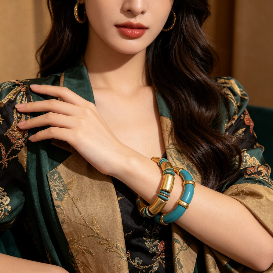 Pulseras Elásticas de Oro y Turquesa - Juego de 3 Piezas | Joyería de Moda para Mujer - Venta al Por Mayor|JI JOYA