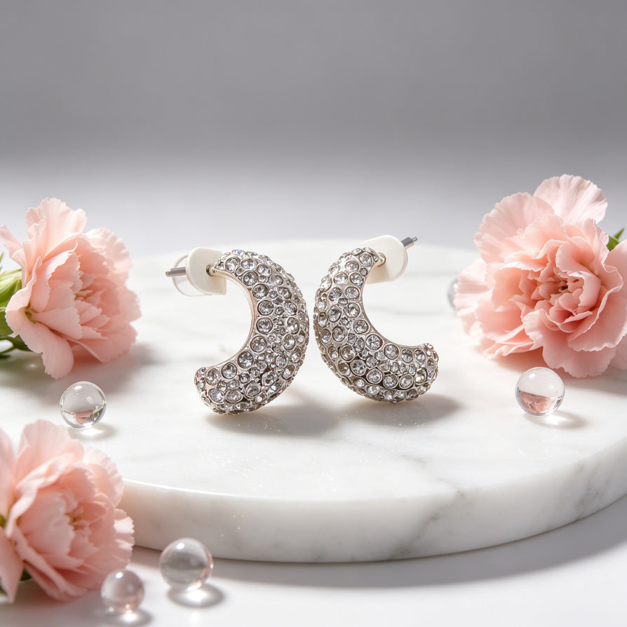 Pendientes de Media Luna con Circonitas Brillantes | Diseño Chunky, Oro y Plata, Joyería al Por Mayor para Mujeres|JI JOYA