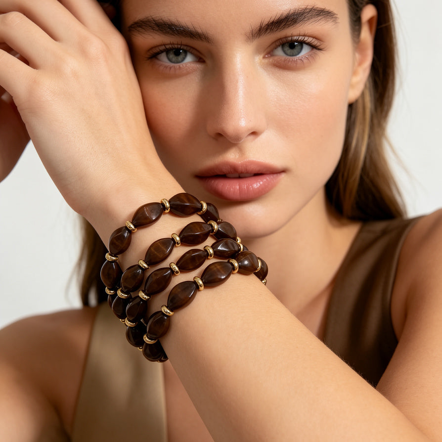 Pulseras de piedras sintéticas en tonos marrón y verde, accesorios de moda mayoristas, diseño de cuentas ovaladas con separadores dorados, joyería elegante al por mayor|JI JOYA