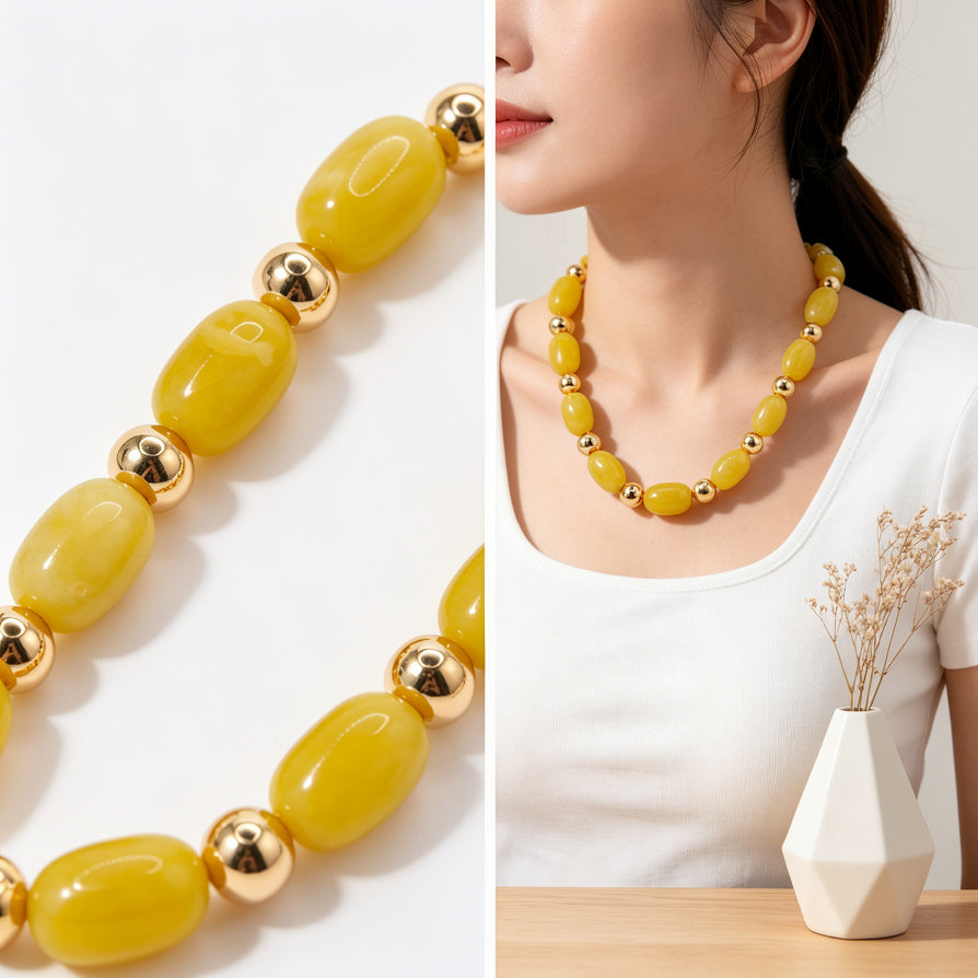 Set de Joyería de Resina Amarilla con Dorado, Pendientes + Collar + Pulsera | Venta al por Mayor|JI JOYA