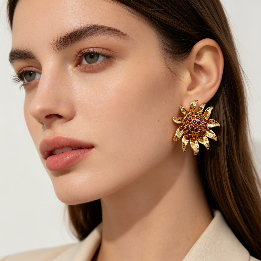 Pendientes Girasol Vintage Dorado con Cristales Topacio - Joyería de Moda al Por Mayor|JI JOYA