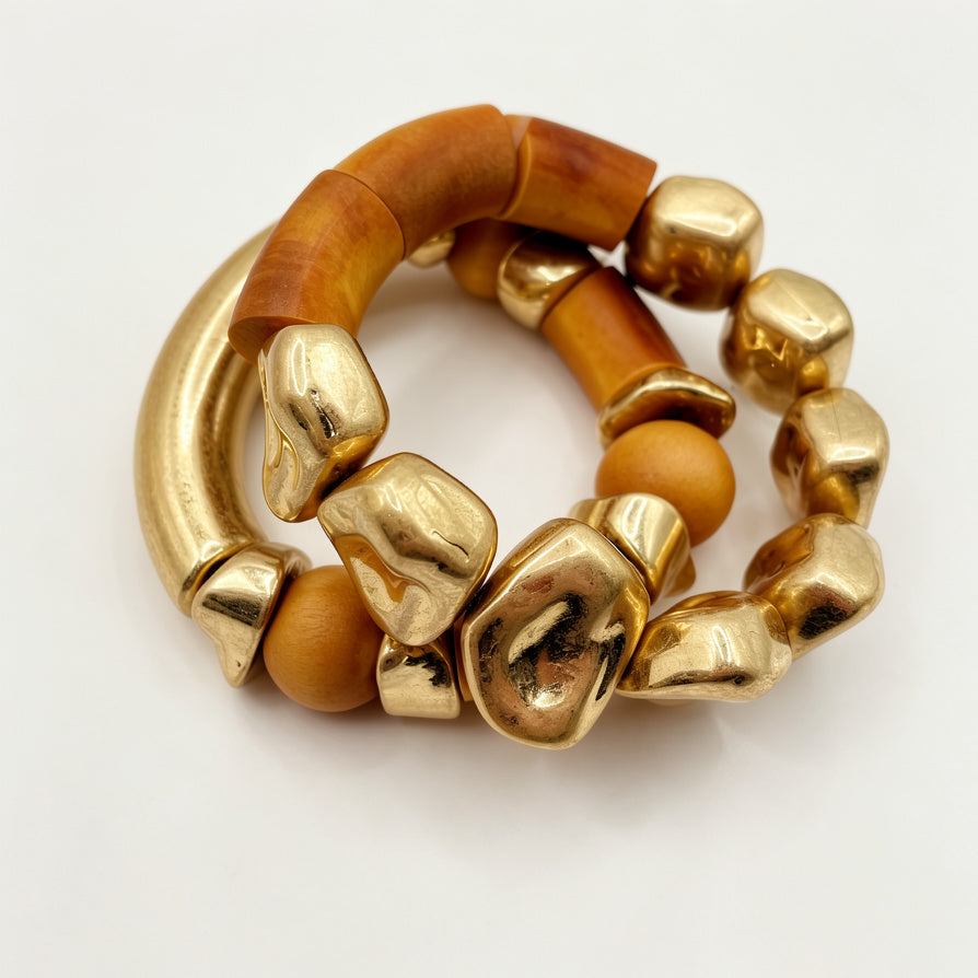 Pulsera de Madera y Metal Dorado, Diseño Moderno, Joyería al Por Mayor|JI JOYA